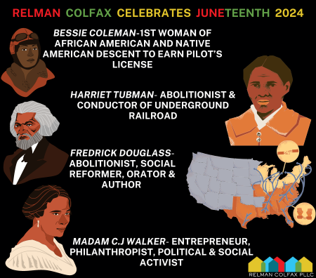 Group of four activists and abolitionists with map of Underground Railroad. Bessie Coleman, Fredrick Douglass and Madam C.J Walker are on the left with Harriet Tubman and the map on the right. 