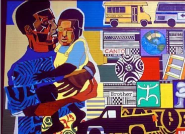 A mural of a father holding a child.