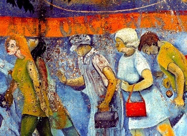 A mural of people walking to work